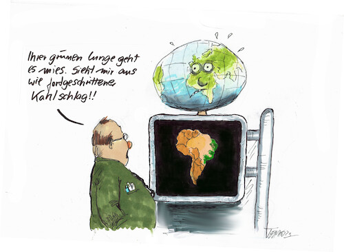 Cartoon: Grüne Lunge (medium) by Skowronek tagged klima,eisbären,gletscherschmelze,co2,erderwärmung,nordpol,südpol,weltklimarat,brasillien,regenwald,kapitalismus