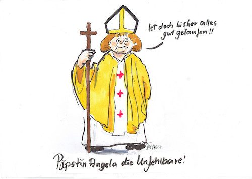 Cartoon: Päpstin Angela (medium) by Skowronek tagged angela,merkel,ursula,van,der,layen,boris,johnson,corona,skowronek,karikaturpandemie,lockdown,eu,brexit