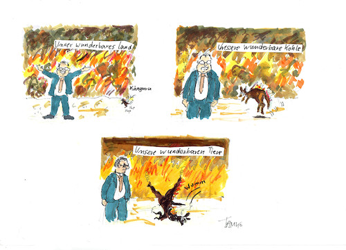 Cartoon: Scott Morrisons Rede zur Nation (medium) by Skowronek tagged australien,feuer,feuerwehr,kängurus,klima,kohle,scott,morrison,tiere