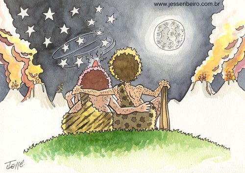 Cartoon: LoveStoneAge (medium) by Jesse Ribeiro tagged caveman,stone,age,nature,stars,moon,vulcan,couple,woman,man