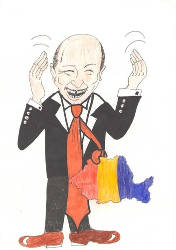 Cartoon: Romanian president and democracy (medium) by crina vintila tagged crina,vintila,age,girl,little,cartoonists,and,young,student,free,academy,graphic,art,paula,salar,romania,bucovina,news,modern,story,cock,money,many,draw,caroon,woman,teacher,illustrator,initiator,first,cartoonschool,from,life,live,humanity,world,word,musician,singer,star,vip,dance,work,tv,pc,satire,humor,freedom,time,magazin,newspaper,interview,sun,moon,nature,talented,genius,smart,wise,personality,america,hystory,family,fashion,photo,video,facebook,friendship,top,competition,sport,book,library,people,country,europe,night,bed,peace,fly,sound,black,whitw,watercolor,smile,imagination,letter,politic,new,generation,democracy,museum