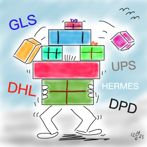 Cartoon: Endspurt (medium) by legriffeur tagged weihnachten,pakete,paketzusteller,paketdienste,dhl,gls,ups,hermes,dpd,paketezuweihnachten,weihnachtspost,geschenke,geschenkezuweihnachten