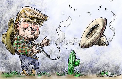 Cartoon: Trump cowboy (medium) by Bob Row tagged donald,trump,racism,america,usa,republican,party,elections,democracy,mexico