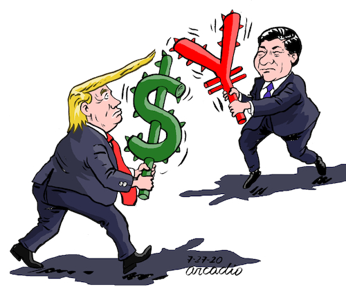 Cartoon: A new cold war. (medium) by Cartoonarcadio tagged china,us,economy,asia,america,war
