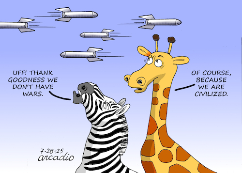 Cartoon: ANIMALS DO NOT GO TO WAR. (medium) by Cartoonarcadio tagged animals,humans,conflicts,wars