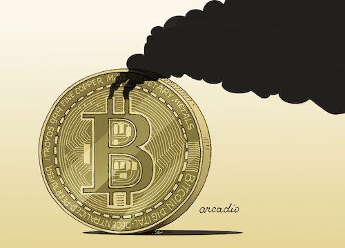 Cartoon: Bitcoin and environment. (medium) by Cartoonarcadio tagged bitcoin,economy,internet,technology