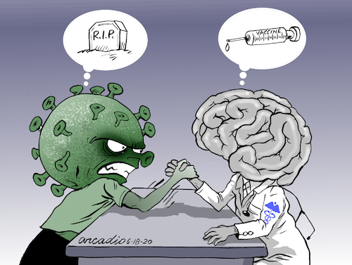 Cartoon: Coronavirus vrs Science (medium) by Cartoonarcadio tagged vaccine,covid,19,health,pandemic,coronavirus