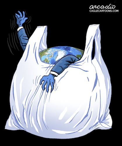 Cartoon: Earth Day-World drowned in plas (medium) by Cartoonarcadio tagged plabet,earth,pollution,global,warming
