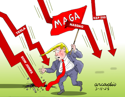 Cartoon: Economic downturns of Trump. (medium) by Cartoonarcadio tagged economy,trump,tariffs,trade,war