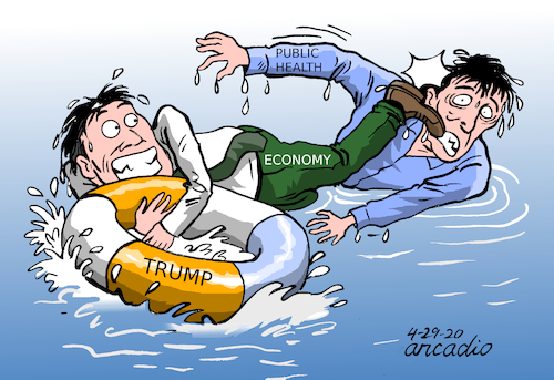 Cartoon: Economy vrs. Public Health. (medium) by Cartoonarcadio tagged pandemic,coronavirus,economy,finances,health