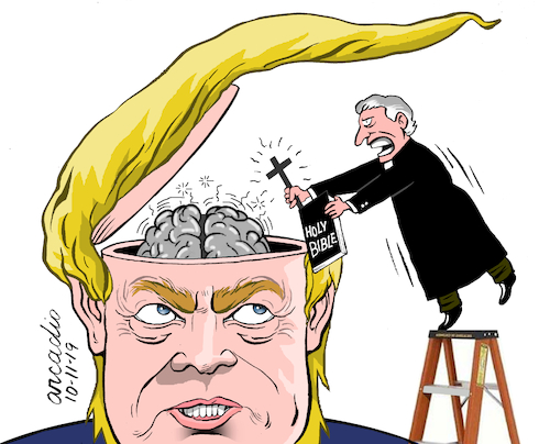 Cartoon: Exorcism to a brain. (medium) by Cartoonarcadio tagged trump,exorcism,white,house,washington