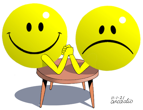 Cartoon: Happiness and Sadness. (medium) by Cartoonarcadio tagged happiness,sadness,world,pandemic,economy
