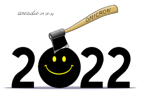 Cartoon: Happy New Year. (medium) by Cartoonarcadio tagged omicron,covid,19,virus,helath,vaccines,pandemic