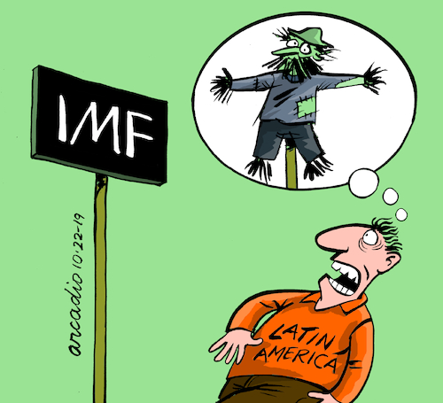 Cartoon: IMF scares Latin America (medium) by Cartoonarcadio tagged imf,economy,latin,america,finances,leftist,movements