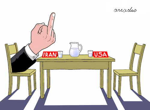 Cartoon: Iran at the talks (medium) by Cartoonarcadio tagged iran,usa,trump,middle,east