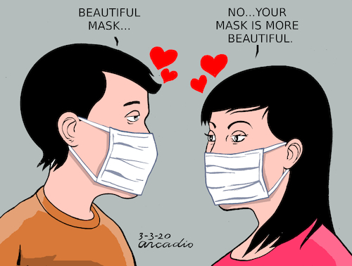 Cartoon: Love in the time of coronavirus. (medium) by Cartoonarcadio tagged coronavirus,virus,health,masks,china