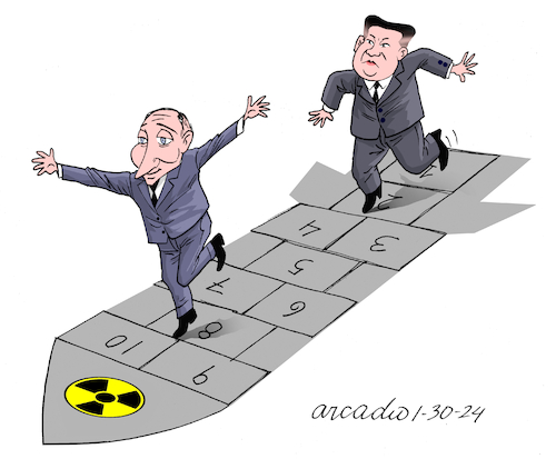 Cartoon: Putin Kim and he nuclear Hopsco (medium) by Cartoonarcadio tagged putin,kim,jong,un,russia,asia