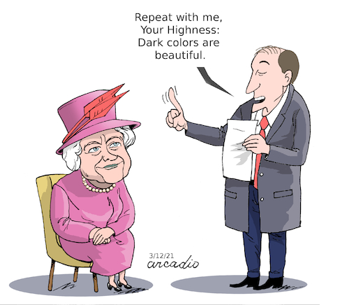 Cartoon: Queen Elizabeth and dark colors. (medium) by Cartoonarcadio tagged queen,elizabeth,uk,europe,monarchy,racism