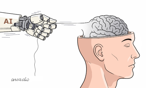 Cartoon: That thin line between AI and hu (medium) by Cartoonarcadio tagged humans,ai,brain,inteligence,robots