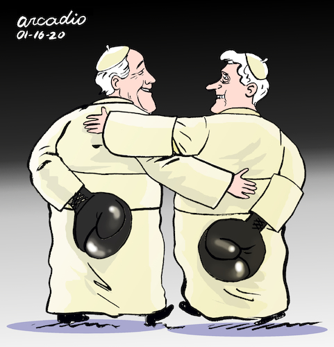 Cartoon: The two Popes (medium) by Cartoonarcadio tagged pope,francis,benedict,vatican,catholic,church,religion,europe
