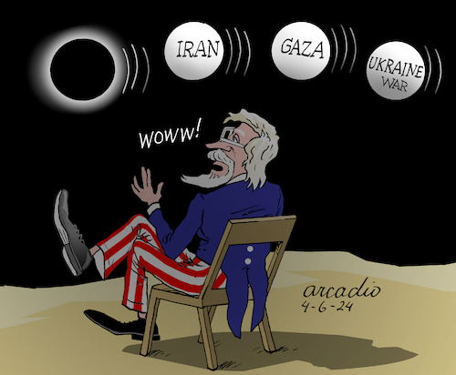Cartoon: Times of darkness. (medium) by Cartoonarcadio tagged eclispe,uncle,sam,iran,gaza,ukraine,russia