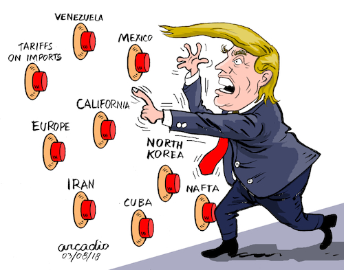 Cartoon: Too many war buttons-President. (medium) by Cartoonarcadio tagged war,trade,trump,europe,china