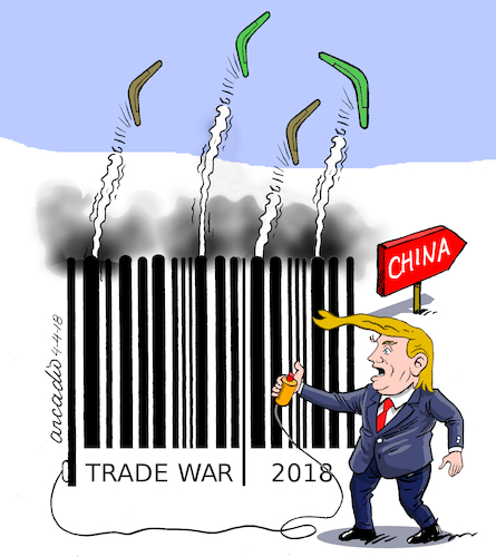Cartoon: Trade war and boomerangs. (medium) by Cartoonarcadio tagged trump,trade,war,china,business,finances,economy