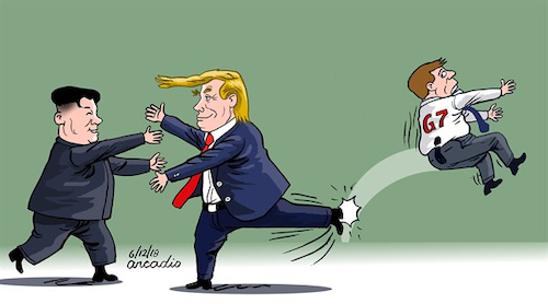Cartoon: Trump-Kim and G7. (medium) by Cartoonarcadio tagged trump,kim,muclear,issues,north,korea,usa