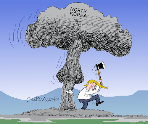 Cartoon: Trump against Kim Jong Un. (medium) by Cartoonarcadio tagged kim,jong,un,trup,north,korea,usa,weapons,conflict,war