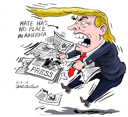 Cartoon: Trump mass shootings and press (medium) by Cartoonarcadio tagged us,violence,mass,shootings,immigrants