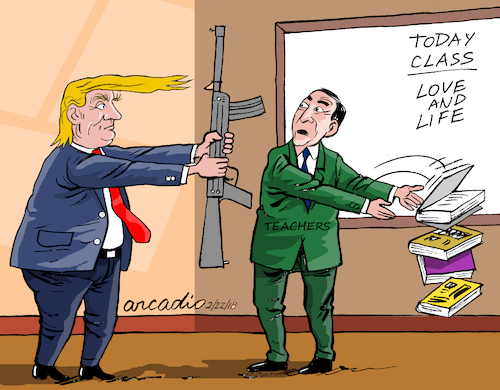Cartoon: Trump suggests arming teachers. (medium) by Cartoonarcadio tagged us,president,trump,government,terror,weapons,crime