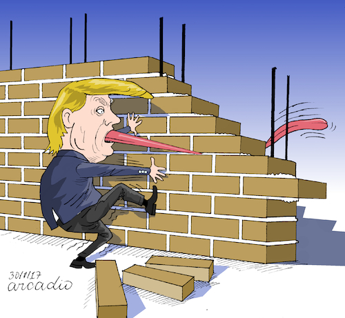 Cartoon: Trump wall and tongue. (medium) by Cartoonarcadio tagged trump,wall,tongue,usa,immigration