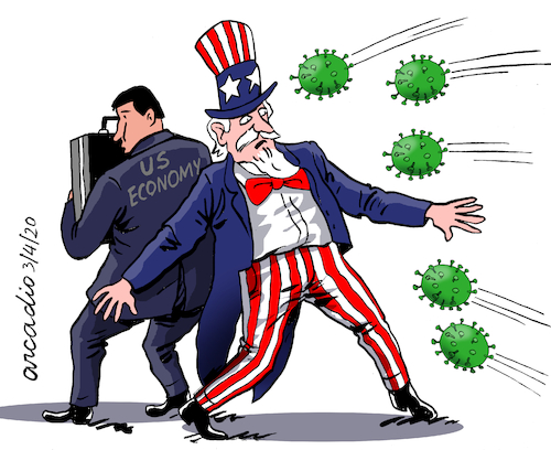Cartoon: Uncle Sam and coronavirus. (medium) by Cartoonarcadio tagged coronavirus,usa,economy,health,america