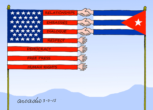 Cartoon: USA-Cuba a new era. (medium) by Cartoonarcadio tagged cuba,usa,socialism,capitalism,castro,obama,republicans,embassies,relationships
