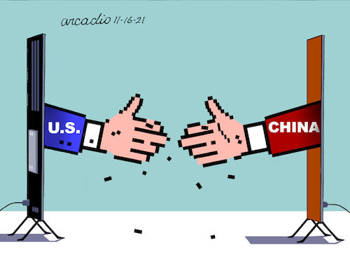 Cartoon: Virtual agreements. (medium) by Cartoonarcadio tagged usa,biden,china,xi,jinping