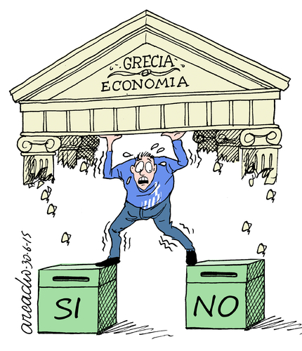 Cartoon: Yes or No? (medium) by Cartoonarcadio tagged greece,europe,euro,money,finance,merkel,tsipras,crisis,debts