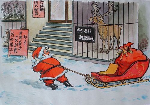 Cartoon: Die letzten Rentier (medium) by Lv Guo-hong tagged geschenk,zuordnung,weihnachtsmann,rentier,essen,hotel,winter