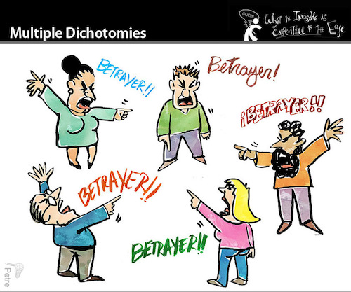 Cartoon: Multiple Dichotomies (medium) by PETRE tagged discussions,betrayal,fights,confussion