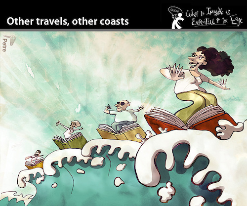 Cartoon: OTHER TRAVELS OTHER COASTS (medium) by PETRE tagged bücher,books,travels,reisen,coasts,küstens,other