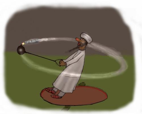 Cartoon: Bin Laden Hammer throw in Berlin (medium) by Hezz tagged hammer,throw,track,and,field,atletics,berlin