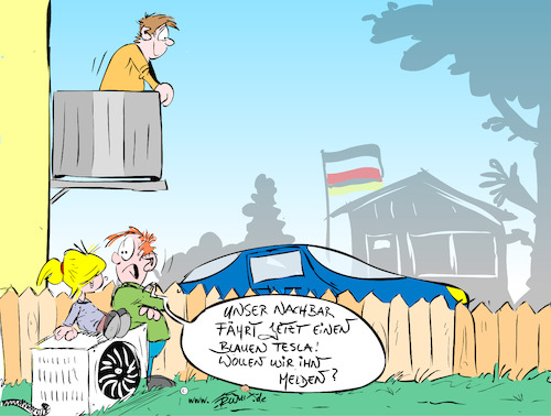 Cartoon: Blauer Tesla Ein Verdachtsfall (medium) by Trumix tagged nachbarschaft,nachbarschaftshilfe,wirpassenauf,kindererziehung,frueherziehung,nachbarschaft,nachbarschaftshilfe,wirpassenauf,kindererziehung,frueherziehung