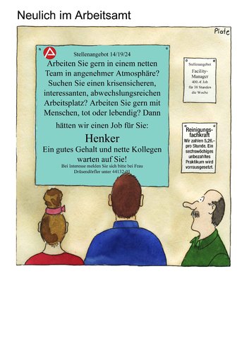 Cartoon: Neulich im Arbeitsamt (medium) by Ines Plate tagged arbeitsamt,arbeitslosigkeit,job,henker,stellenangebot,kollegen,hinrichtung,arbeit,arbeitsagentur,bewerbung,arbeitsuchend