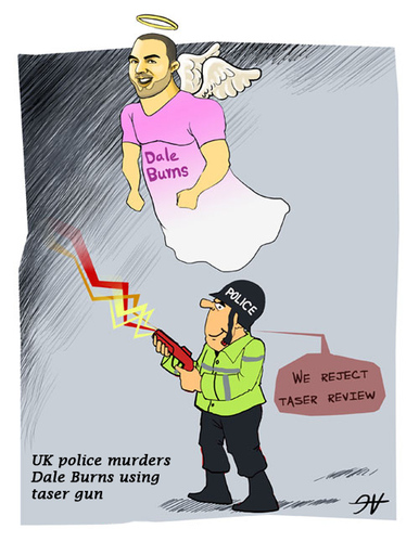 Cartoon: Dale Burns killed by UK Police (medium) by victorh tagged dale,burns,uk,police,taser,gun