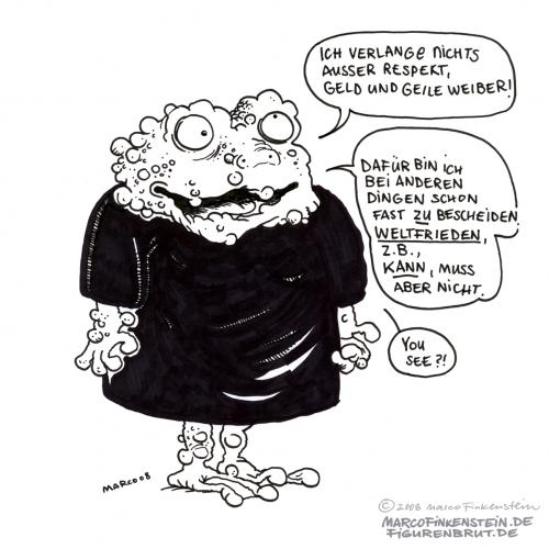 Cartoon: Bescheidener Fickfrosch (medium) by MarcoFinkenstein tagged frosch,weltfrieden,bescheiden,monster,warzen,comic,cartoon,schwarzweiss,geil,weiber,geld,respekt