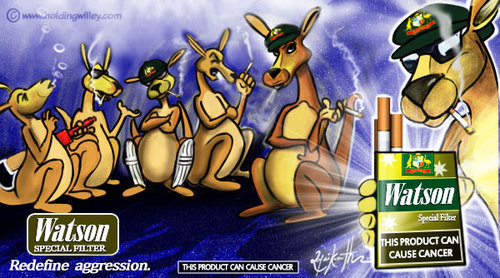Cartoon: Spreading cancer (medium) by crowpoint tagged cricket,ashes,aussie,australia,england,clarke,urn,oval,cancer,smoking,kangaroo,cigratte