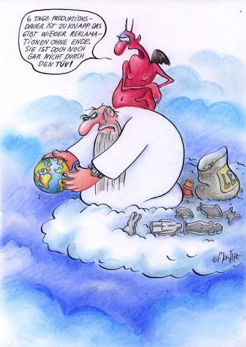 Cartoon: 6 Tage Woche (medium) by Petra Kaster tagged gewerkschaft,handwerker,teufel,gott,schöpfungsgeschichte,kurzarbeit,tüv,cartoon,cartoons,tüv,kurzarbeit,schöpfungsgeschichte,gott,teufel,handwerker,gewerkschaft,religion,glaube,bibel,kirche,himmel,erde,entstehung,genesis,prüfung,kontrolle,auto,autos,woche