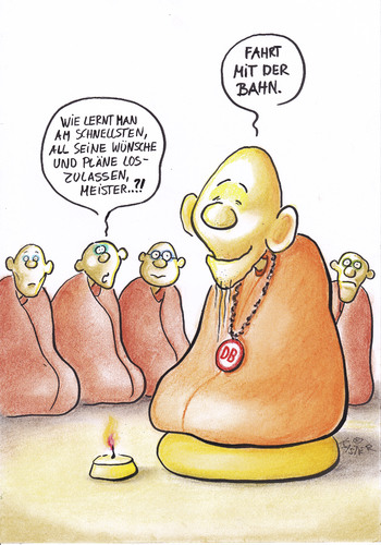 Cartoon: bahnmeditation (medium) by Petra Kaster tagged die,bahn,bahnstreik,züge,mönche,buddhismus,meditation,die,bahn,bahnstreik,züge,mönche,buddhismus,meditation