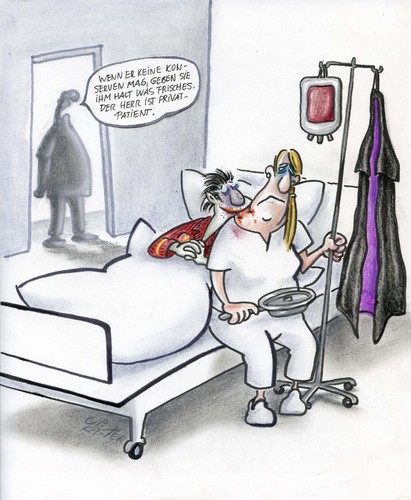 Cartoon: frisches blut (medium) by Petra Kaster tagged gesundheitsreform,gesundheit,krankheit,kassenpatient,privatpatient,vampire,krankenhaus,blut,krankenpfleger,krankenchwester,gesundheitsfürsorge,sozialstaat