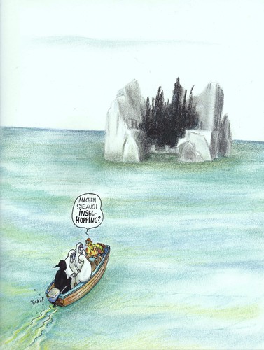 Cartoon: insel-hopping (medium) by Petra Kaster tagged tod,strben,urlaub,ferien,kreuzfahrten,badeferien,inseln,kunst,meer,malerei