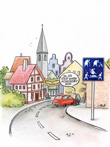 Cartoon: Klötenbrunn (medium) by Petra Kaster tagged umgehungsstrassen,heimatidylle,pflegeversicherung,senioren,pension,renten,verkehrsberuhigung,überalterung,provinz,heimat,kleinstadt,kleinstadt,heimat,provinz,überalterung,demografie,rentner,senioren,alter,generationen,generation,opa,oma,großeltern,greis,bevölkerungswachstum,wachstum,bevölkerung,stadt,dorf,verkehr,straßenverkehr,verkehrsregeln,risiko,gefahr,pflegeversicherung,krankenversicherung,straße